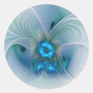 Standing Ovations, Abstract Blue Turquoise Fractal Classic Round Sticker