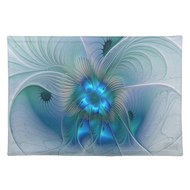 Standing Ovations, Abstract Blue Turquoise Fractal Cloth Placemat (Front)