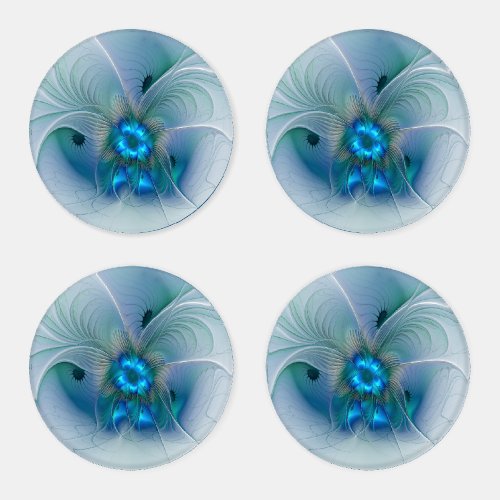 Standing Ovations Abstract Blue Turquoise Fractal Coaster Set