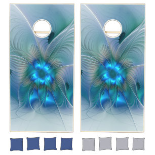 Standing Ovations, Abstract Blue Turquoise Fractal Cornhole Set