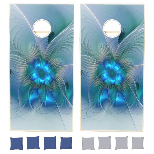 Standing Ovations, Abstract Blue Turquoise Fractal Cornhole Set (Set)