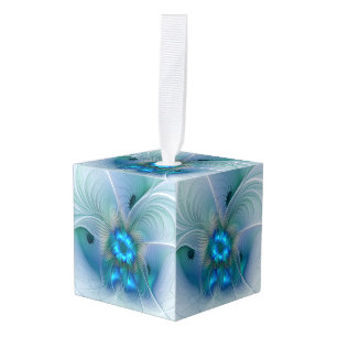 Standing Ovations, Abstract Blue Turquoise Fractal Cube Ornament