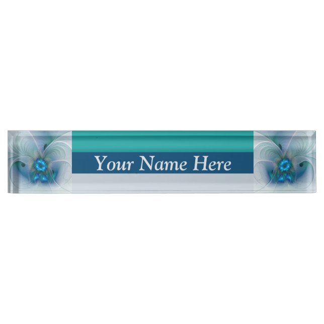 Standing Ovations, Abstract Blue Turquoise Fractal Desk Name Plate (Front)