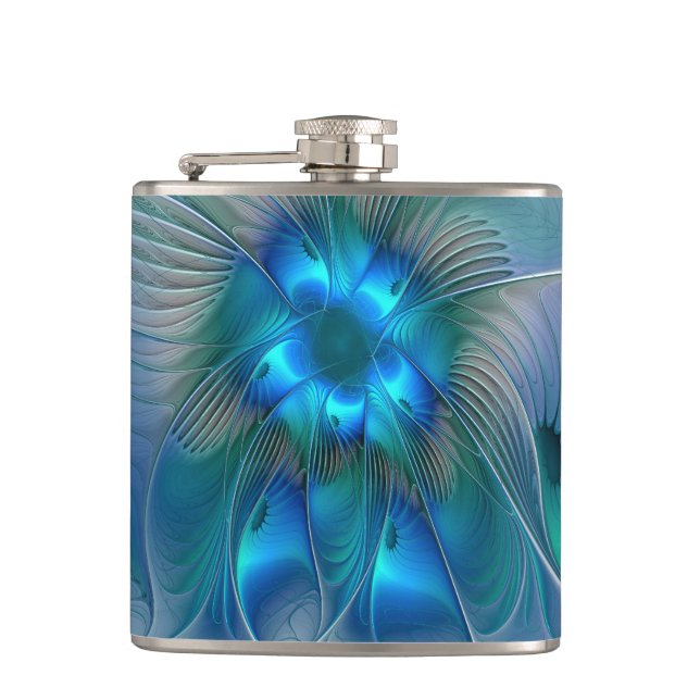 Standing Ovations, Abstract Blue Turquoise Fractal Flask (Front)