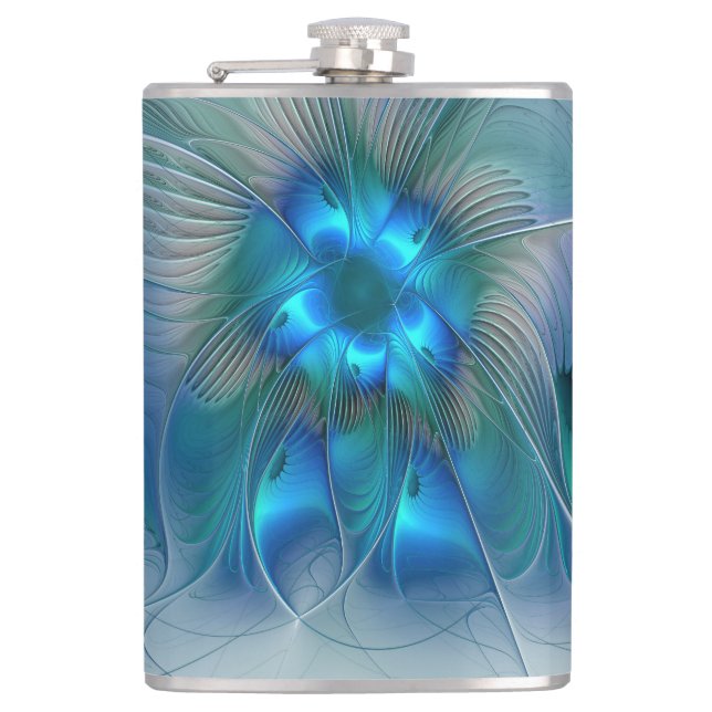 Standing Ovations, Abstract Blue Turquoise Fractal Flask (Front)