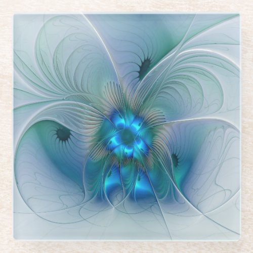 Standing Ovations Abstract Blue Turquoise Fractal Glass Coaster