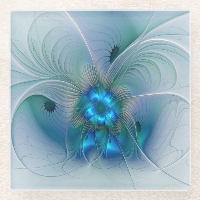 Standing Ovations, Abstract Blue Turquoise Fractal Glass Coaster (Front)