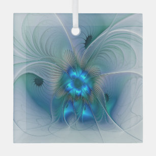 Standing Ovations, Abstract Blue Turquoise Fractal Glass Ornament