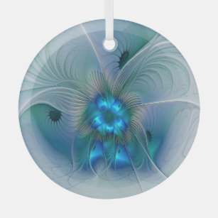 Standing Ovations, Abstract Blue Turquoise Fractal Glass Ornament