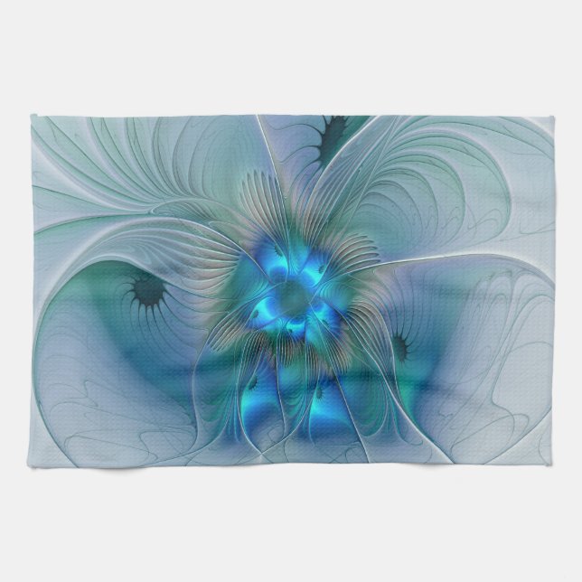 Standing Ovations, Abstract Blue Turquoise Fractal Kitchen Towel (Horizontal)