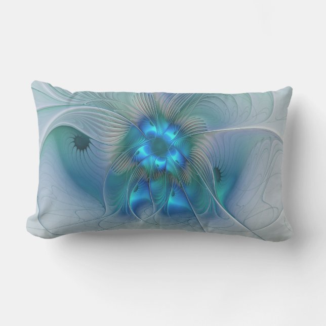 Standing Ovations, Abstract Blue Turquoise Fractal Lumbar Pillow (Front)