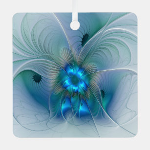 Standing Ovations, Abstract Blue Turquoise Fractal Metal Ornament