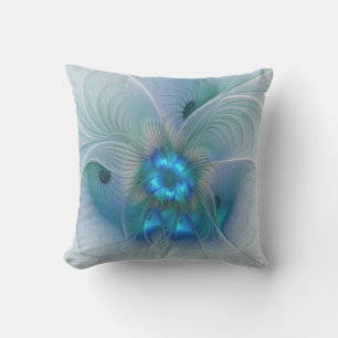 Standing Ovations, Abstract Blue Turquoise Fractal Outdoor Pillow