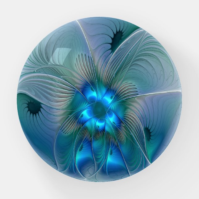 Standing Ovations, Abstract Blue Turquoise Fractal Paperweight (Front)