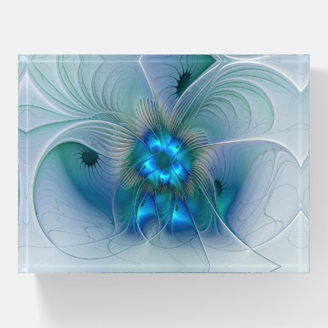 Standing Ovations, Abstract Blue Turquoise Fractal Paperweight (Front)