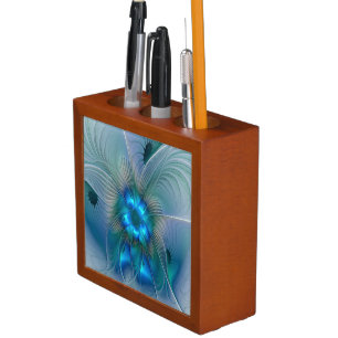 Standing Ovations, Abstract Blue Turquoise Fractal Pencil Holder