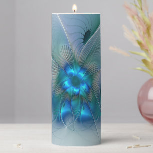 Standing Ovations, Abstract Blue Turquoise Fractal Pillar Candle