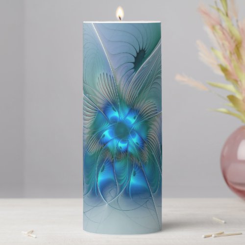 Standing Ovations Abstract Blue Turquoise Fractal Pillar Candle