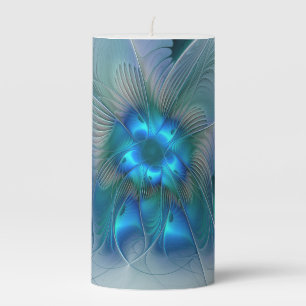 Standing Ovations, Abstract Blue Turquoise Fractal Pillar Candle