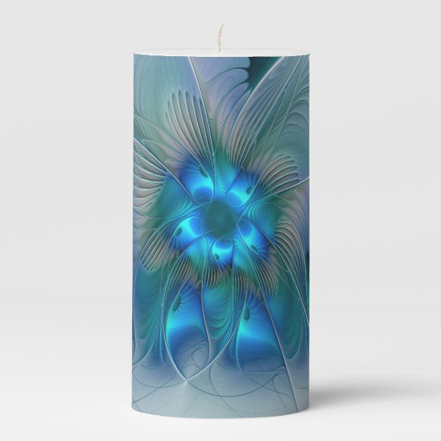 Standing Ovations, Abstract Blue Turquoise Fractal Pillar Candle (Front)