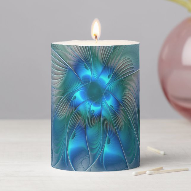 Standing Ovations, Abstract Blue Turquoise Fractal Pillar Candle (In Situ)