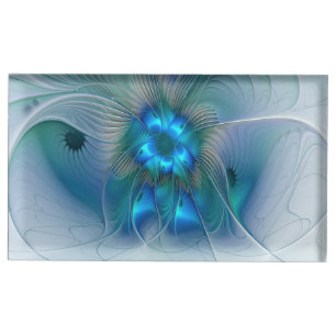 Standing Ovations, Abstract Blue Turquoise Fractal Place Card Holder
