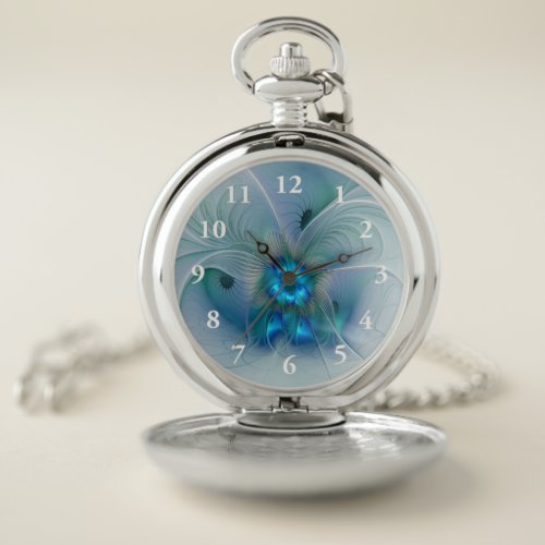 Standing Ovations Abstract Blue Turquoise Fractal Pocket Watch