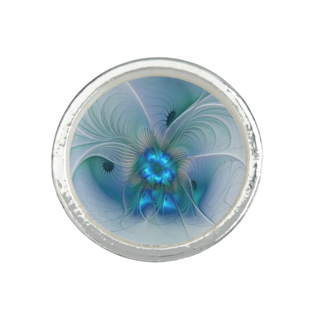Standing Ovations, Abstract Blue Turquoise Fractal Ring (Front)