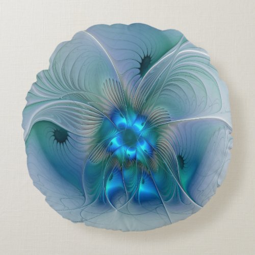 Standing Ovations Abstract Blue Turquoise Fractal Round Pillow