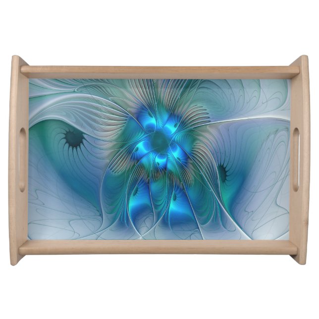 Standing Ovations, Abstract Blue Turquoise Fractal Serving Tray (Front)