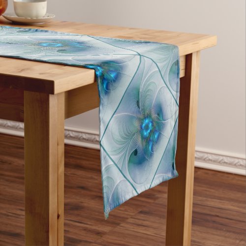 Standing Ovations Abstract Blue Turquoise Fractal Short Table Runner