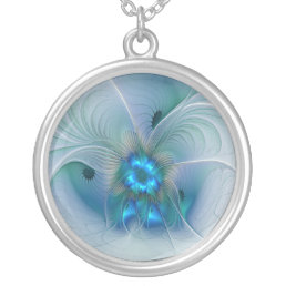 Standing Ovations, Abstract Blue Turquoise Fractal Silver Plated Necklace