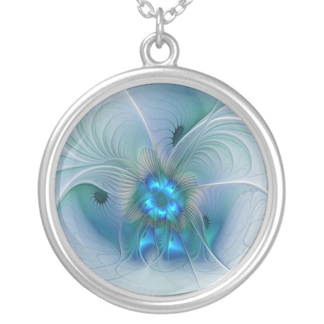 Standing Ovations, Abstract Blue Turquoise Fractal Silver Plated Necklace (Front)
