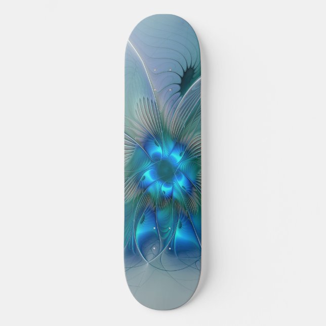 Standing Ovations, Abstract Blue Turquoise Fractal Skateboard Deck (Front)