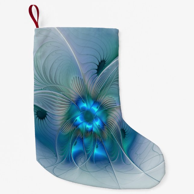 Standing Ovations, Abstract Blue Turquoise Fractal Small Christmas Stocking (Front)