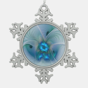 Standing Ovations, Abstract Blue Turquoise Fractal Snowflake Pewter Christmas Ornament