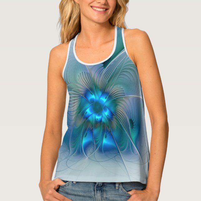 Standing Ovations, Abstract Blue Turquoise Fractal Tank Top (Front)