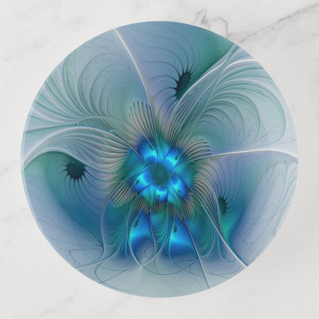 Standing Ovations, Abstract Blue Turquoise Fractal Trinket Tray (Front)
