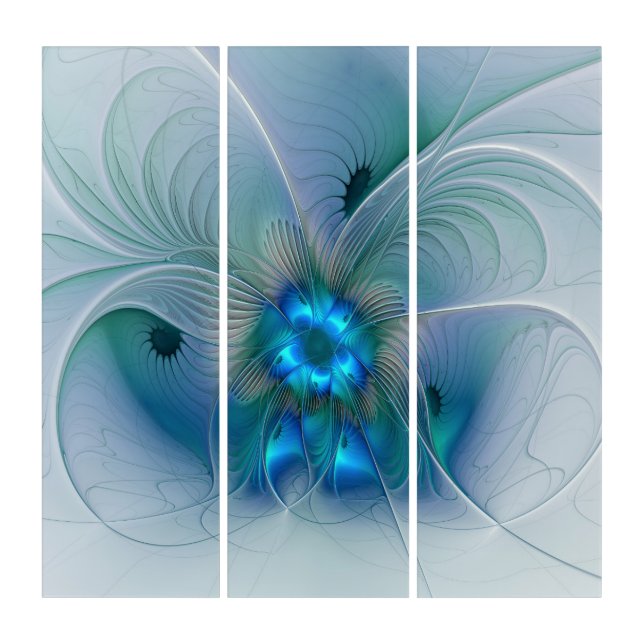 Standing Ovations, Abstract Blue Turquoise Fractal Triptych (Front)