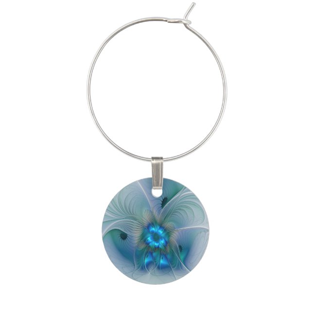 Standing Ovations, Abstract Blue Turquoise Fractal Wine Charm (Front)