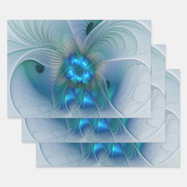 Standing Ovations, Abstract Blue Turquoise Fractal Wrapping Paper Sheets (Set)