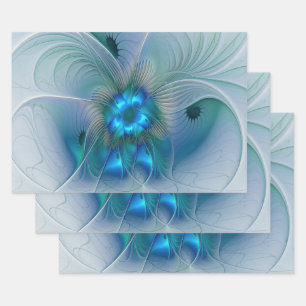 Standing Ovations, Abstract Blue Turquoise Fractal Wrapping Paper Sheets