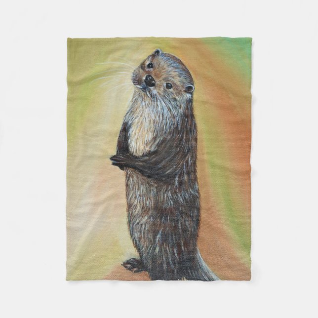 Standing River Otter Painting Fleece Blanket (Front)