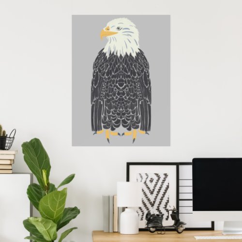 Standing Seated Bald Eagle Illustration Light Gray Poster