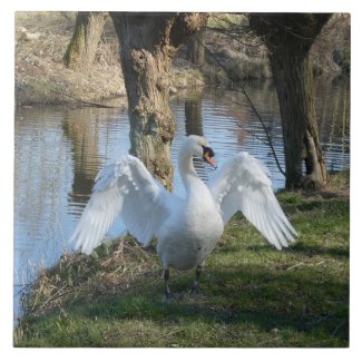 Standing Swan with Spread Wings Ceramic Tile