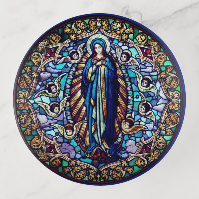 Standing Virgin Mary Surrounded by Angels Gift Trinket Tray (Front)