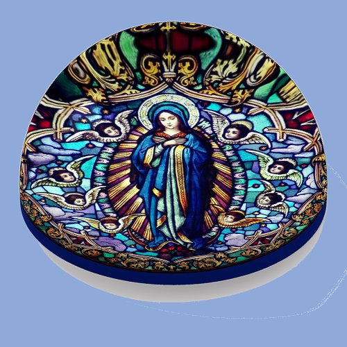Standing Virgin Mary Surrounded by Angels Glass Paperweight