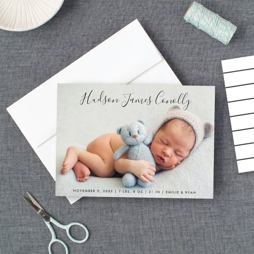 Standout Name Modern Script Baby Boy Photo Birth Announcement