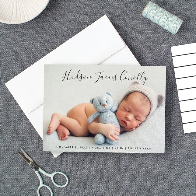 Standout Name Modern Script Baby Boy Photo Birth Announcement (Creator Uploaded)