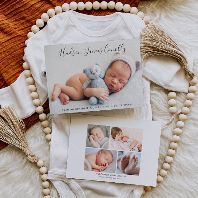 Standout Name Modern Script Baby Boy Photo Birth Announcement (Creator Uploaded)